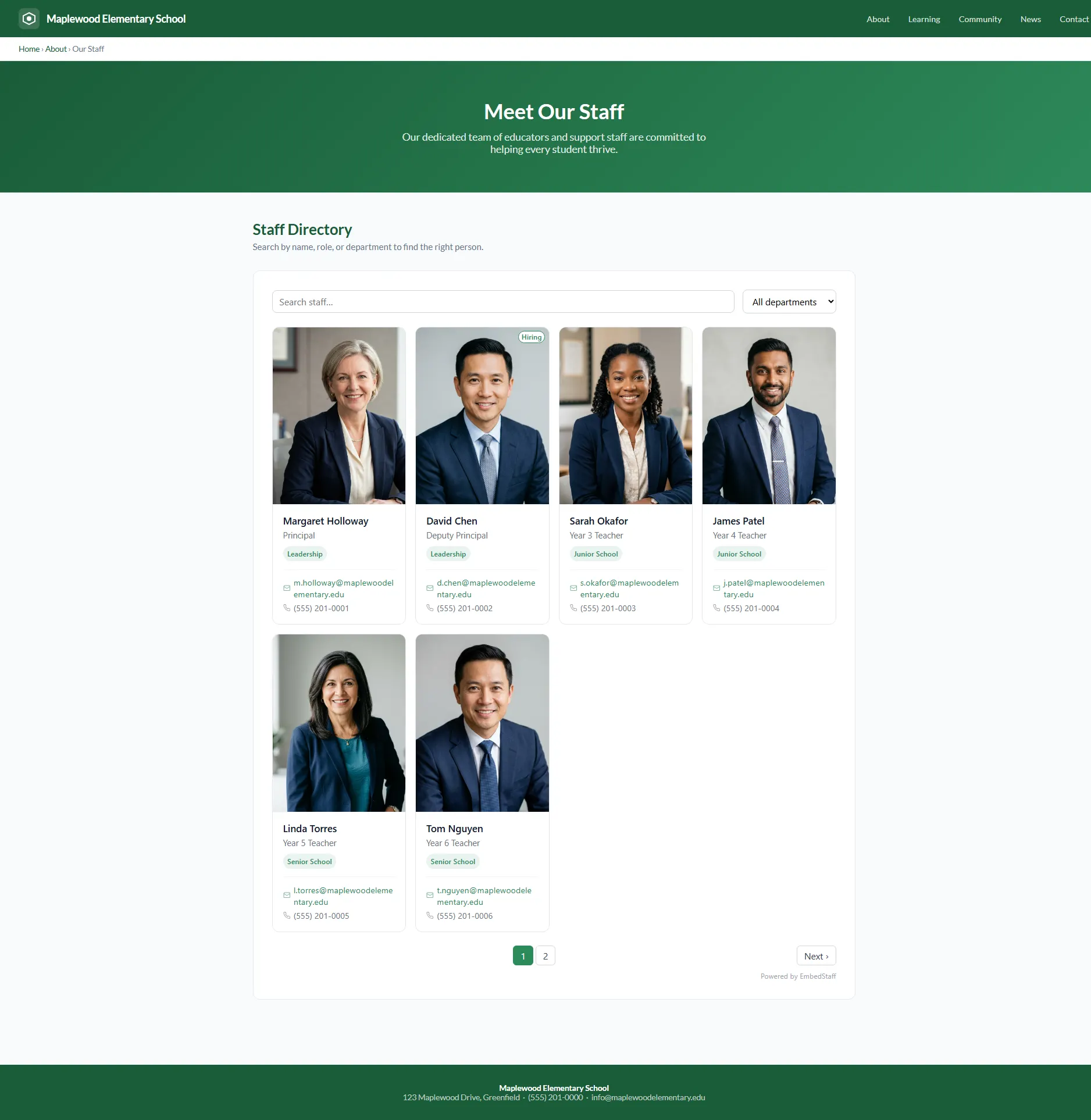 Maplewood Elementary School staff directory - card grid layout